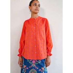 Nimo With Love Floral Eyelet Cotton Mandarin Collar Long Sleeve Blouse Top Large